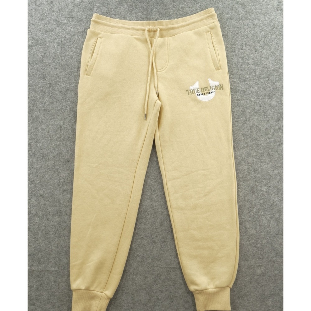 True Religion Sweatpants Joggers Mens Medium Beige Welt Fleece Logo Elastic Wais